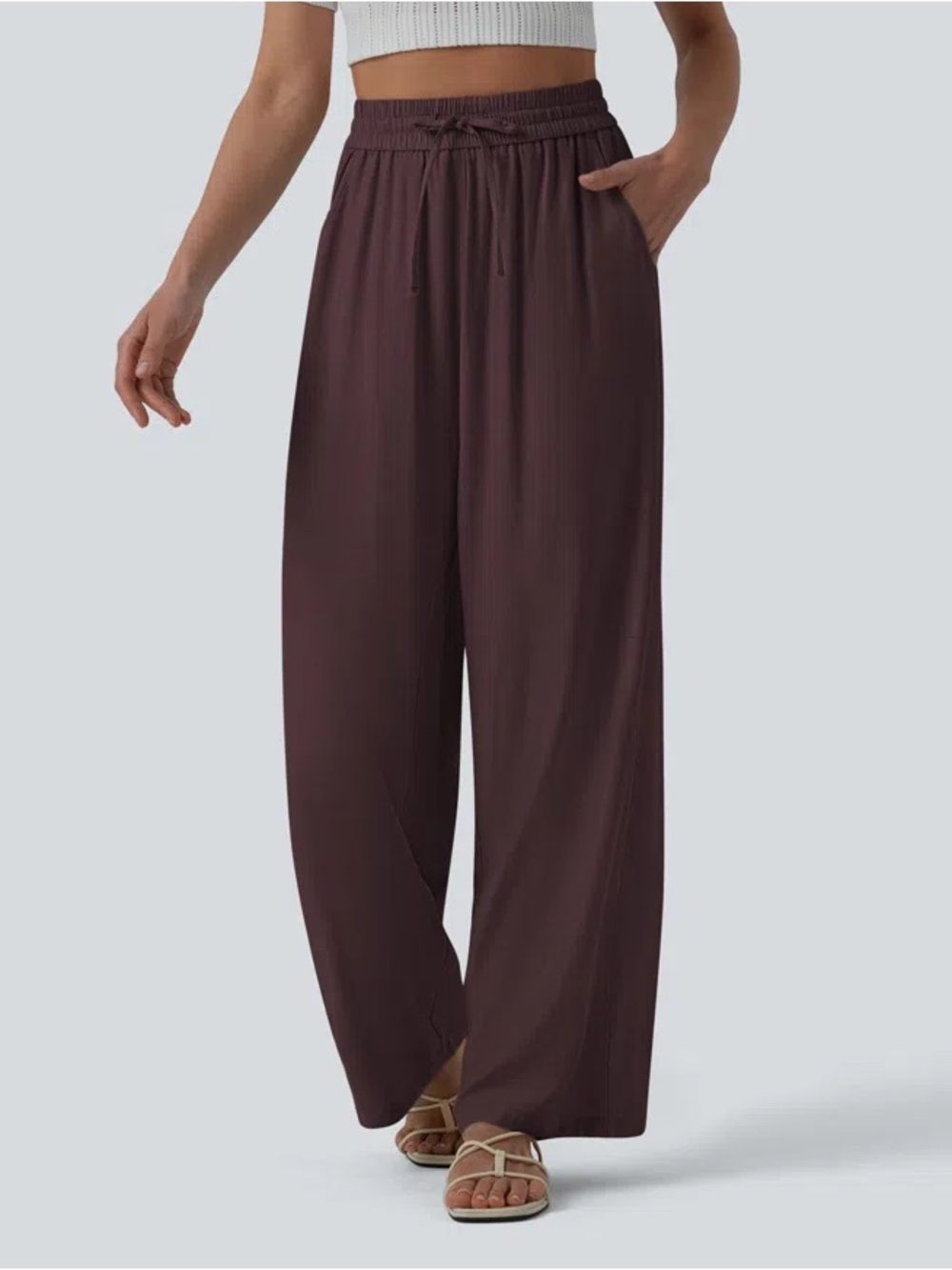 HALARA High Waisted Drawstring Wide Leg Casual Linen-Blend Pants with Pockets